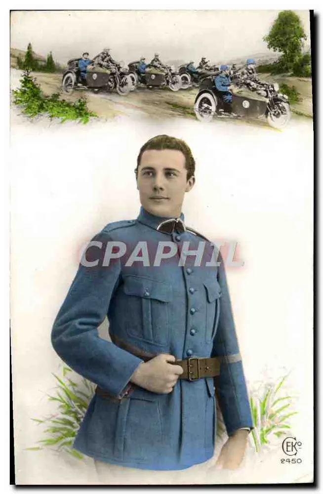 Soldat in blauem Uniform — Illustration von Motorradfahrern im Hintergrund — EK° 2450 - Vorderseite