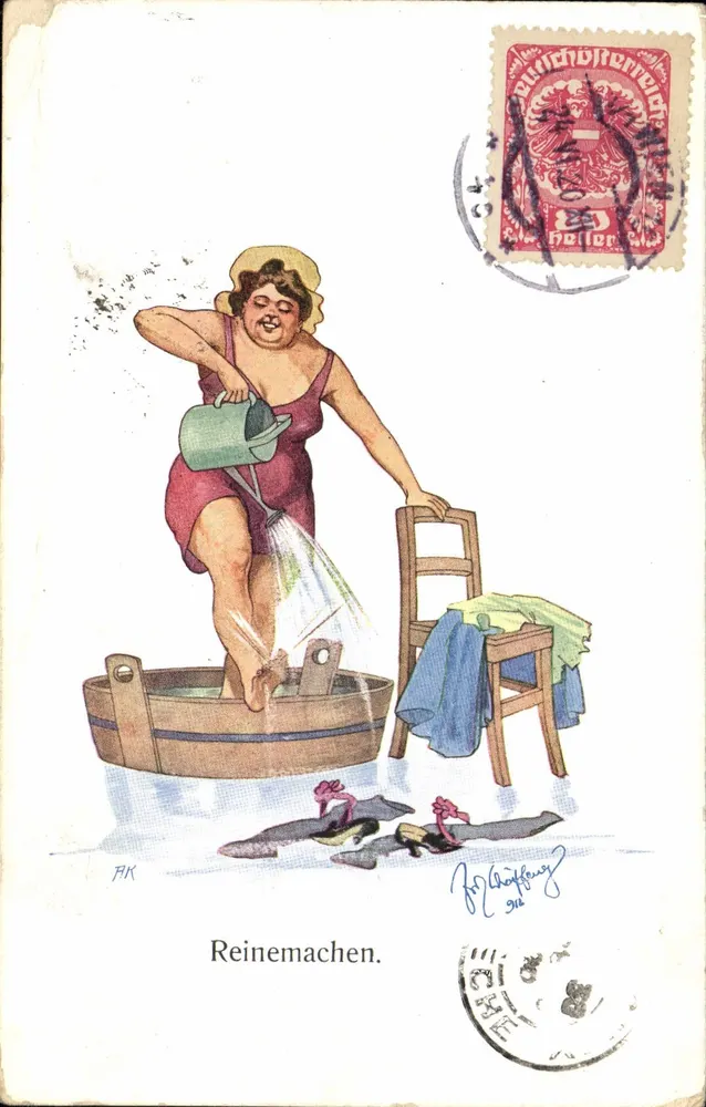 Frau, die Schuhe in einem Eimer reinigt — Verlag H.K.W.I. Nr. 808-9 - Vorderseite