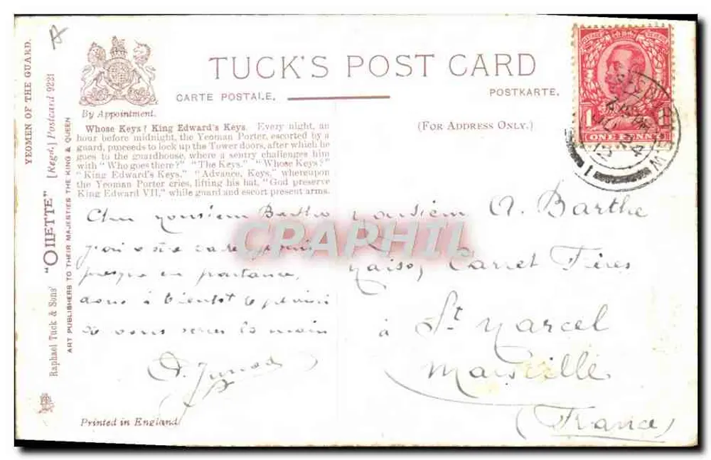 A Torre de Londres — O guarda e as chaves do rei — Tuck's Post Card n°9223 - Verso