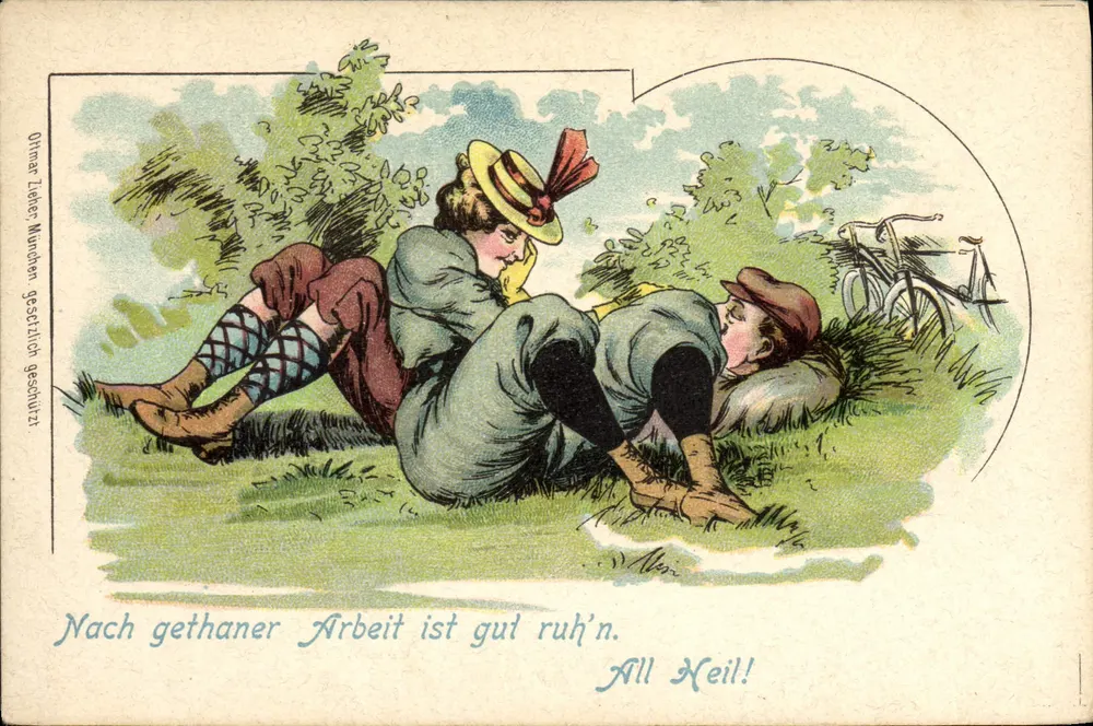 Dois jovens descansando em um parque — ilustração de Othmar Lecher, Munchen — série A - Frente
