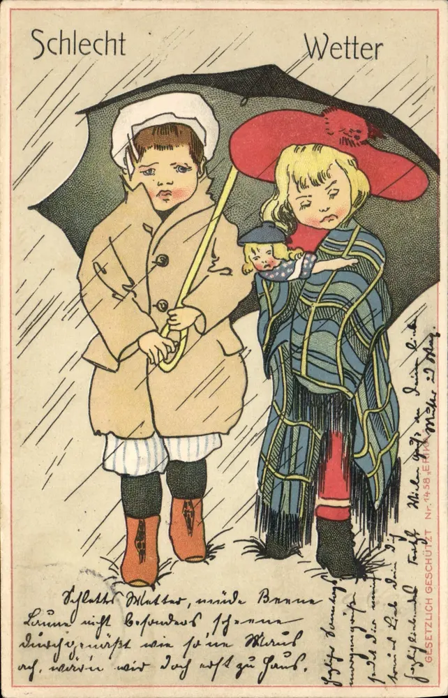 Crianças sob a chuva — Schlecht Wetter — editor Wilhelm F. Kipp, n° 4-58 - Frente