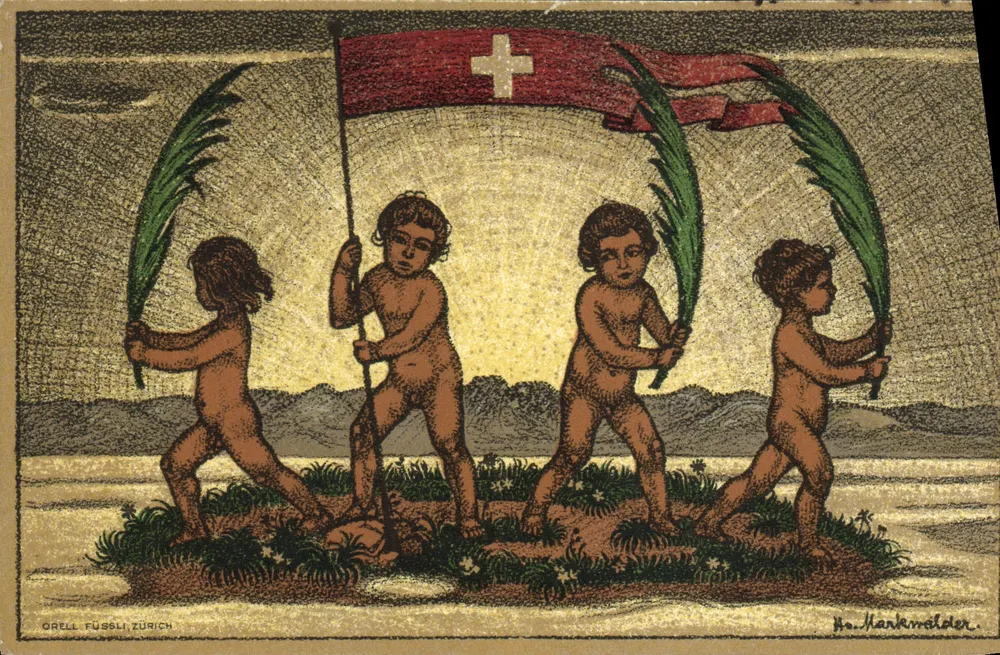 Vier nackte Kinder mit Palmen und einer Schweizer Fahne — Orell Füssli Zürich, Nr. 143 - Vorderseite