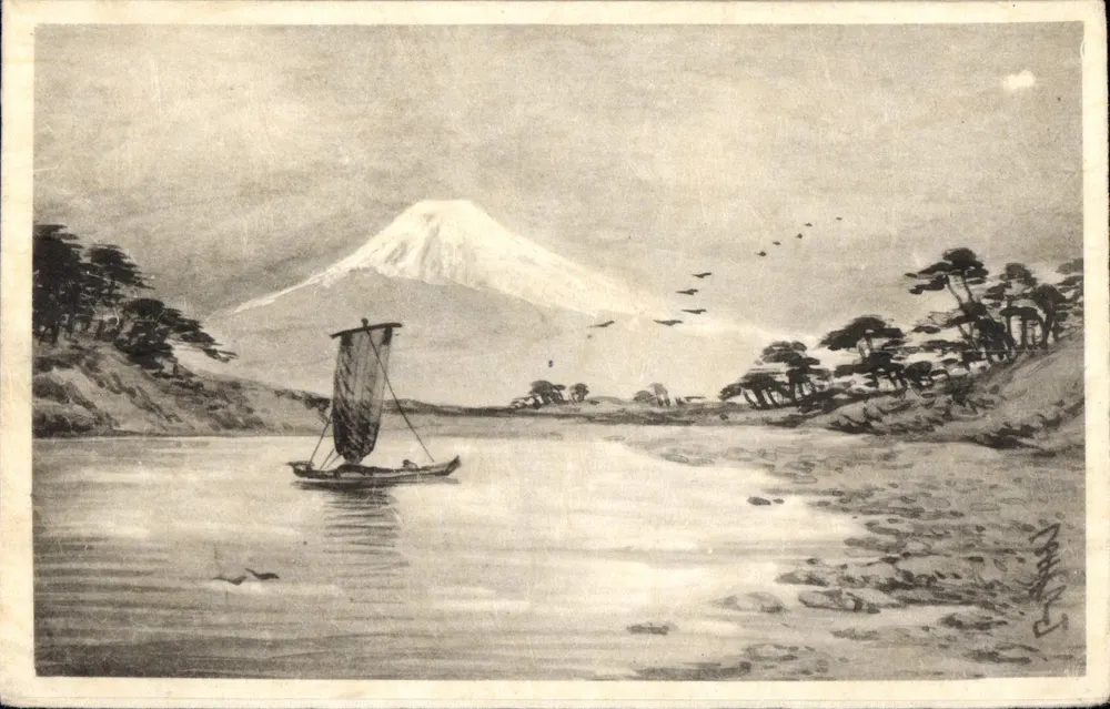 Monte Fuji — vista com barco a vela — gravura japonesa - Frente