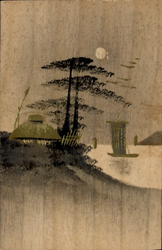 Japanisches Landschaftsbild — Mond, Kiefer und Hütte — unbekannter Verlag, Seriennummer nicht sichtbar - Vorderseite