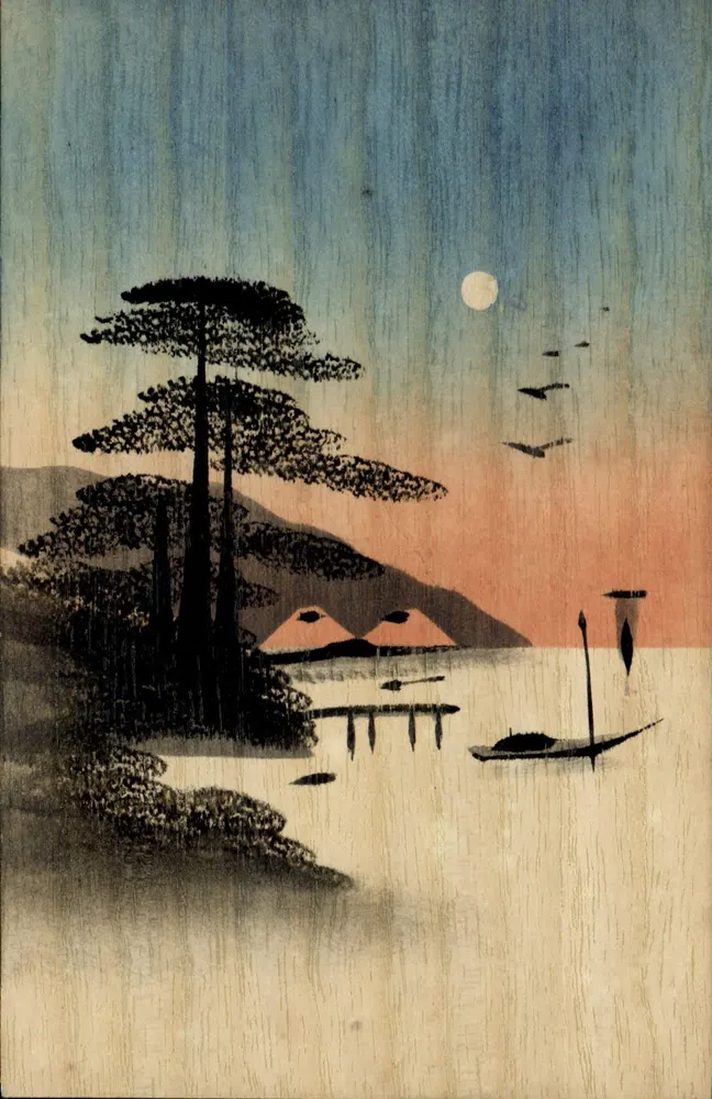 Japanisches Landschaftsbild — Mond, Kiefer und Boot — unbekannter Verleger, Seriennummer nicht sichtbar - Vorderseite