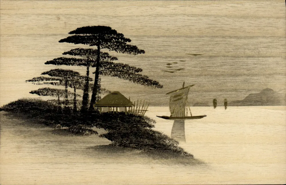 Japanisches Landschaftsbild — Insel mit Kiefer, Hütte und Boot — japanische Postkarte - Vorderseite