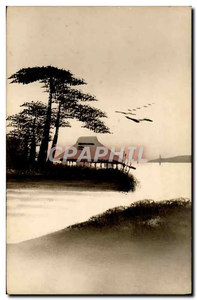 Paisagem lacustre com cabana — Japão — editor desconhecido - Frente
