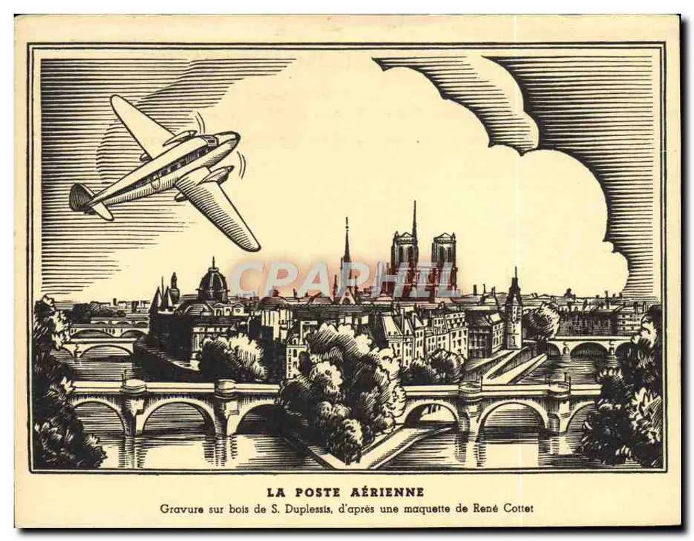 Paris — vue aérienne avec avion — Gravure sur bois de S. Duplessis, d'après une maquette de René Cottet - Vorderseite