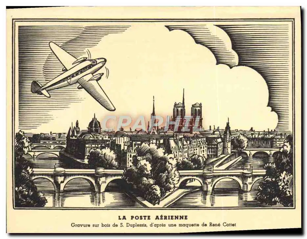 Paris — vue aérienne avec avion — Gravure sur bois de S. Duplessis, d'après maquette de René Cottet - Vorderseite