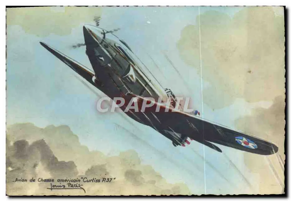 Amerikanisches Jagdflugzeug "Curtiss P.37" — Zeichnung von Louis Pétit - Vorderseite