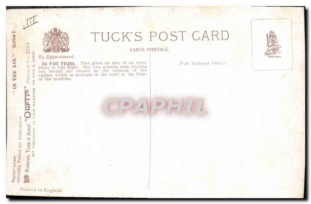 Avião em pleno voo — Wette — Tuck's Post Card, série L, n° 5101 - Verso