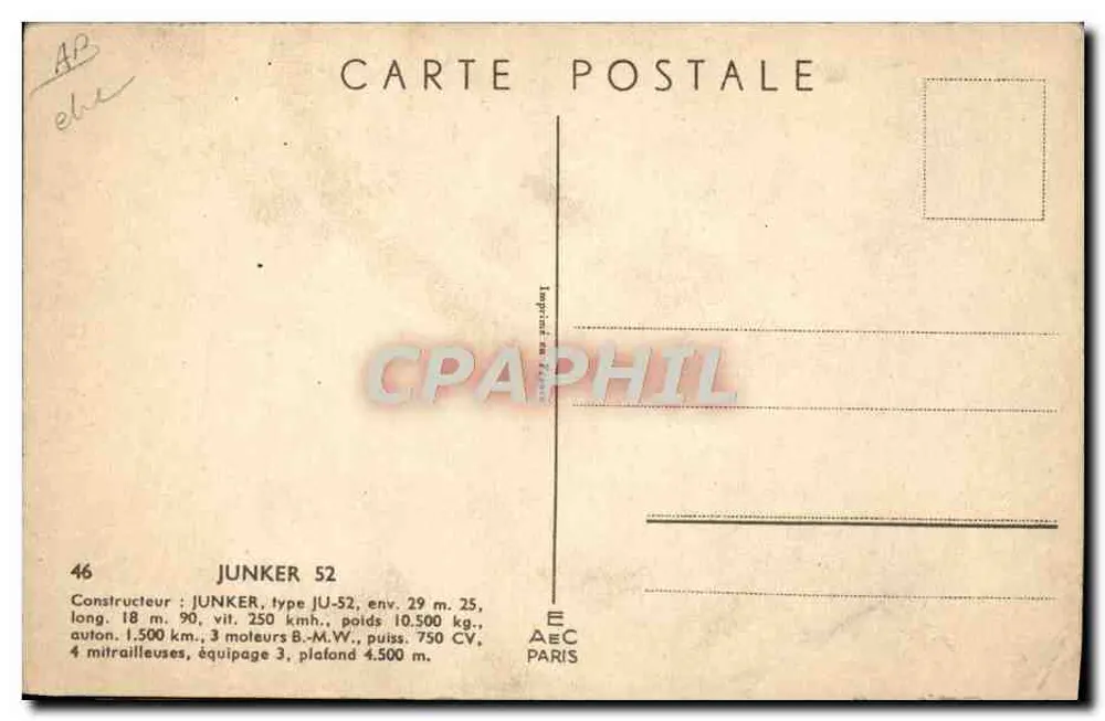 Avião Junker Ju-52 — edição AEC Paris - Verso
