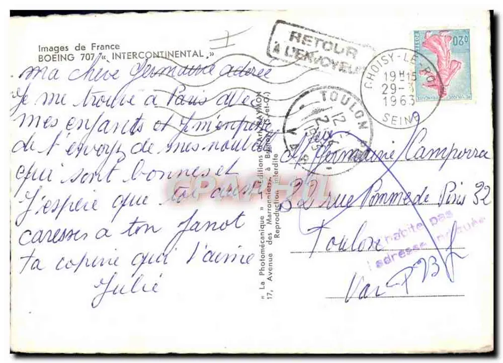 Air France Boeing 707 — Bilder Frankreichs, Interkontinental — Verlag Photomécanique à Toulouse - Rückseite