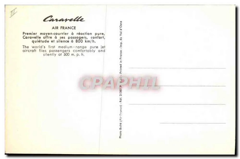 Air France Caravelle — Erster reiner Jets regionaler Flugzeug — Photo Bulle (Air France) - R.M. 213837P - Imp. du Val d'Osne - Rückseite