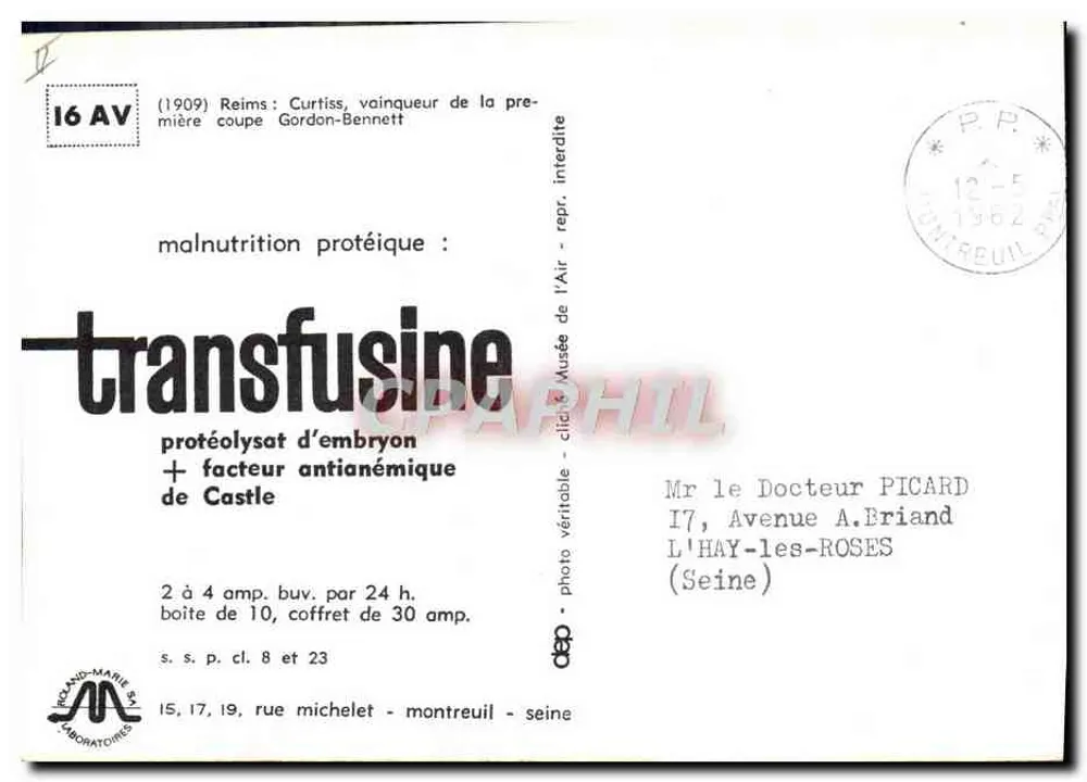 Antike Ansichtskarte Biplan Curtiss — (1909) Sieger der ersten Gordon-Bennett-Trophäe — Verlag: Roland-Marie S.A. Laboratoires - Rückseite