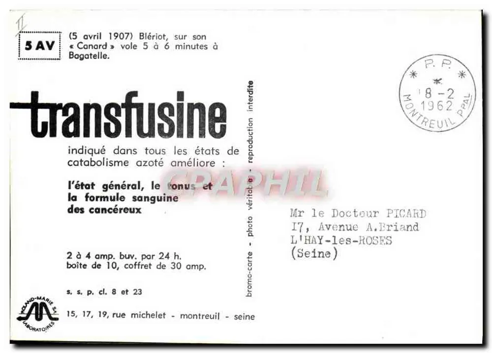 Blériot auf seinem « Canard » — Flug in Bagatelle, 5. April 1907 — Verlag Roland-Marie S.A. - Rückseite