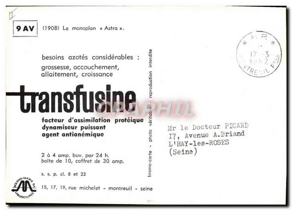 Monoplan « Astra » — (1908) — reklama dla Transfusine — wydawca: INGOLD-MARIE & Cie LABORATOIRES - Rewers