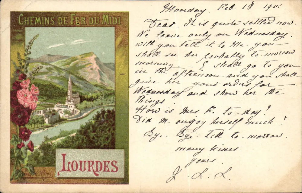 Lourdes — vue de la basilique et du paysage — Chemins de Fer du Midi, n° 108 - Recto