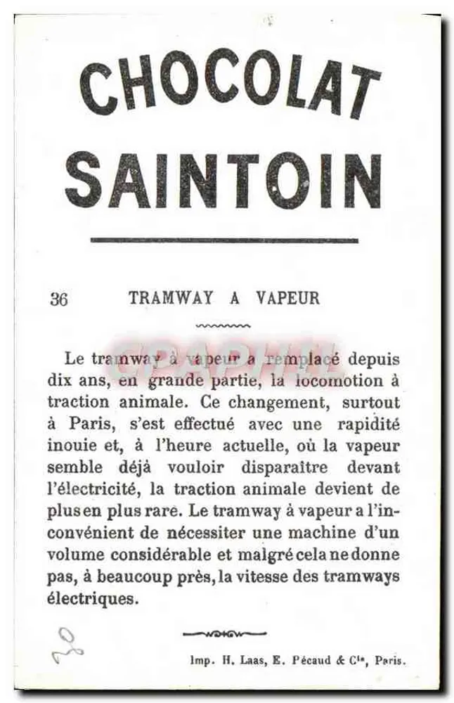 Tramway a vapor — Paris — Chocolat Saintoin, n°36 - Verso