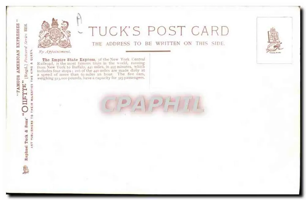 The Empire State Express — NYC&MR — Tuck's Post Card - Verso