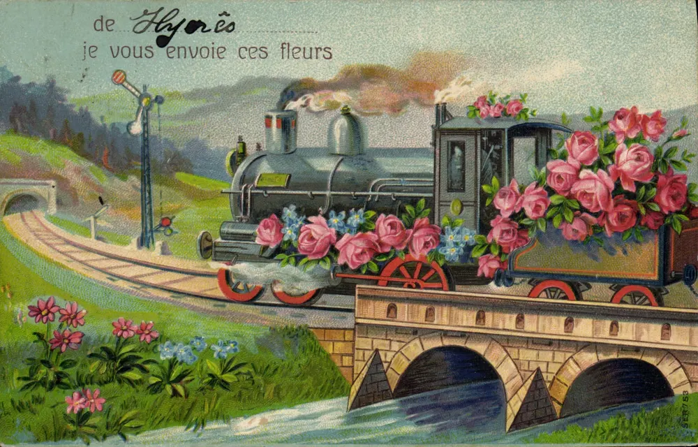 Trem decorado com flores — Hyonès — Impressa na Alemanha - Frente