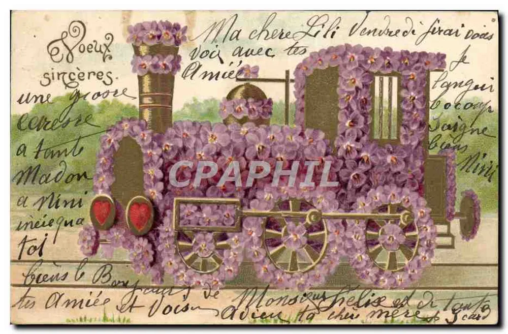 Trem decorado com flores violetas — Carta postal da União Postal Universal — editor Postkarte — União Postal Universal - Frente