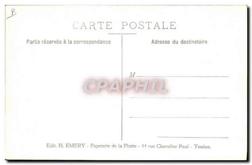 Avião militar em voo acima de um navio — Editor H. EMERY, Toulon - Verso