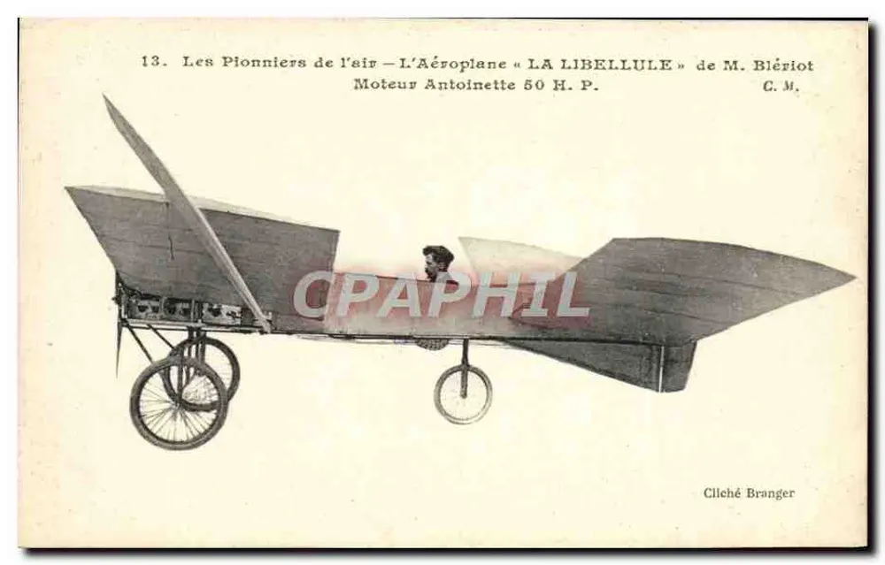 Das Flugzeug « LA LIBELLULE » von Herrn Blériot — Motor Antoinette 50 H.P. — Foto von Branger - Vorderseite
