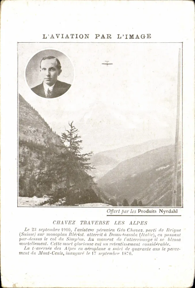 Géo Chavez traverse les Alpes — scène alpine avec portrait et avion — Offert par les Produits Nyrdahl - Vorderseite