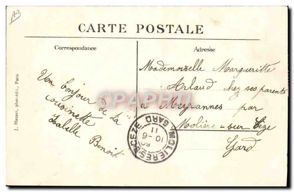 Einmannigelter Blériot, geflogen von Jane Herveu — n° 1527 — J. Hauser, Foto-Verlag, Paris - Rückseite