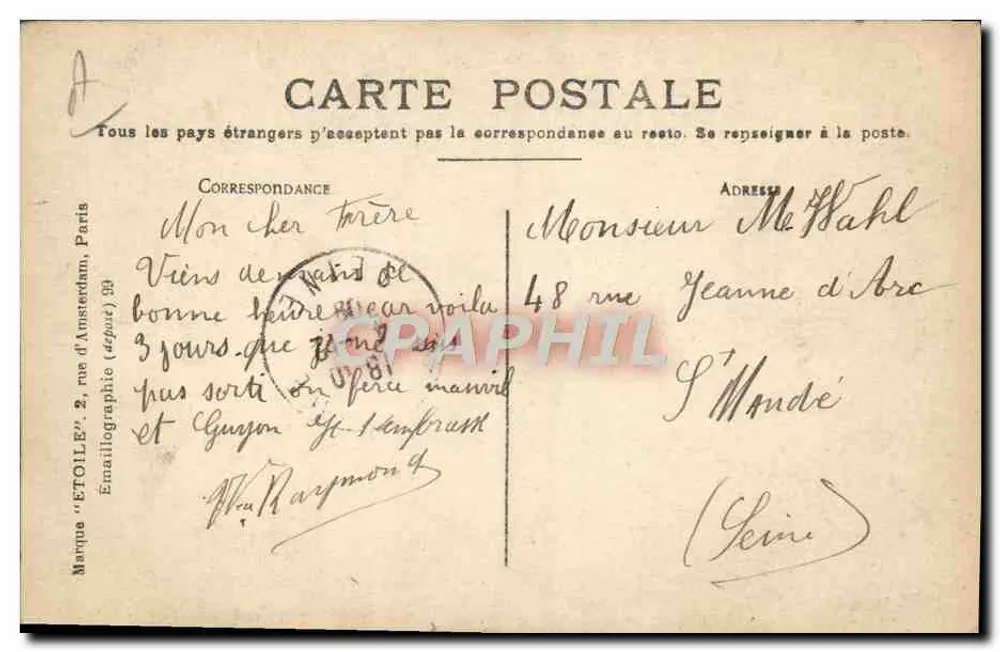 Aviator Sommer sobre biplano Farman — Edição Etoile, Paris - Verso