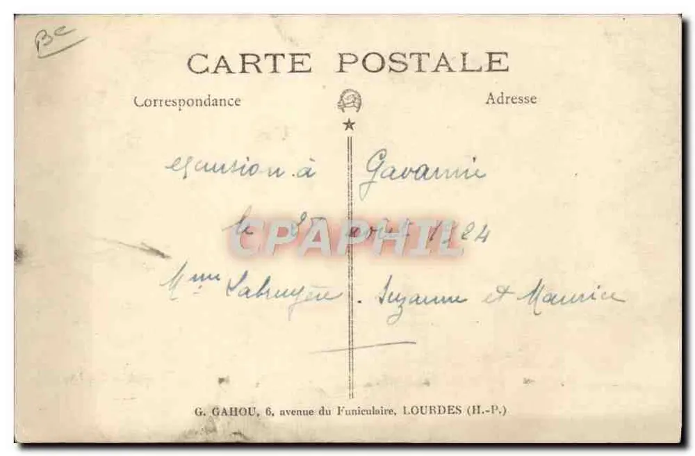 GARAGE CENTRAL CH. BOUDOU LOURDES — Auto-Exkursion — G. GAHOU, 6 avenue du funiculaire, LOURDES (H.-P.) - Rückseite