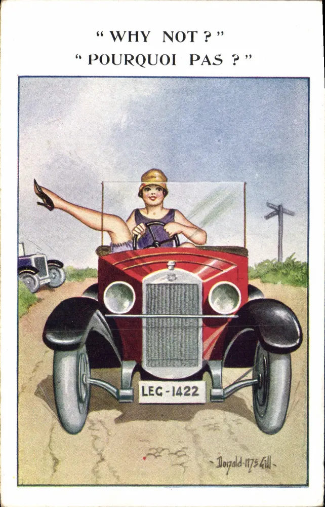 Mulher ao volante de um carro vermelho — Donald Gill — série 6743 - Frente