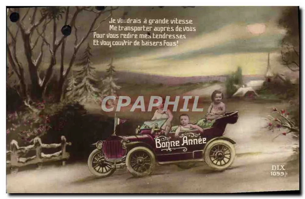 Zwei Kinder in einem alten Auto — Guten Jahreswunsch — DIX 1039 - Vorderseite