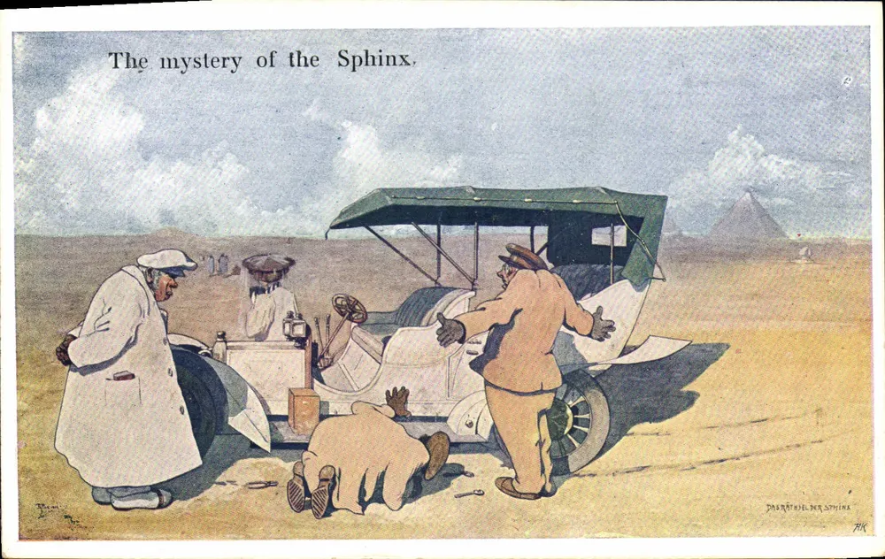 Das Geheimnis des Sphinx — Wüstenlandschaft mit Auto und Figuren — Verlag B.K.W.I. n° 448-4 - Vorderseite
