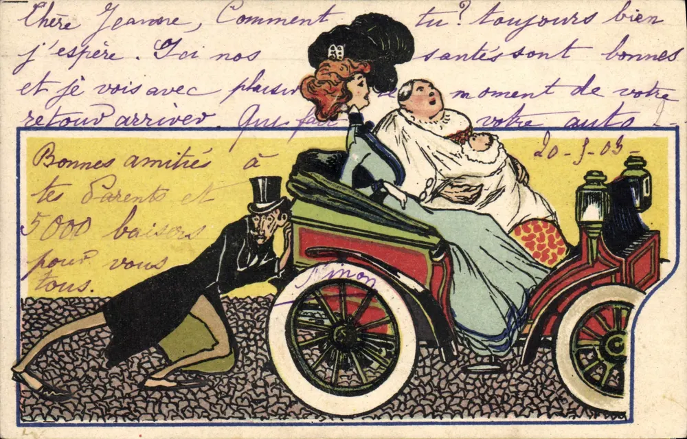 Mulher e criança em um carro — editor Simon — número de série não visível - Frente