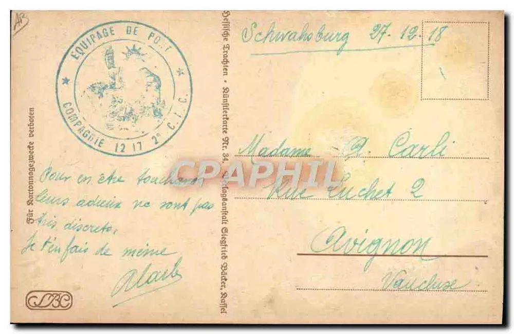 Soldatkind und Kind im Volkskostüm — Kuss — Zeichnung von G. Fouchant, signiert 'Alaïs' - Rückseite