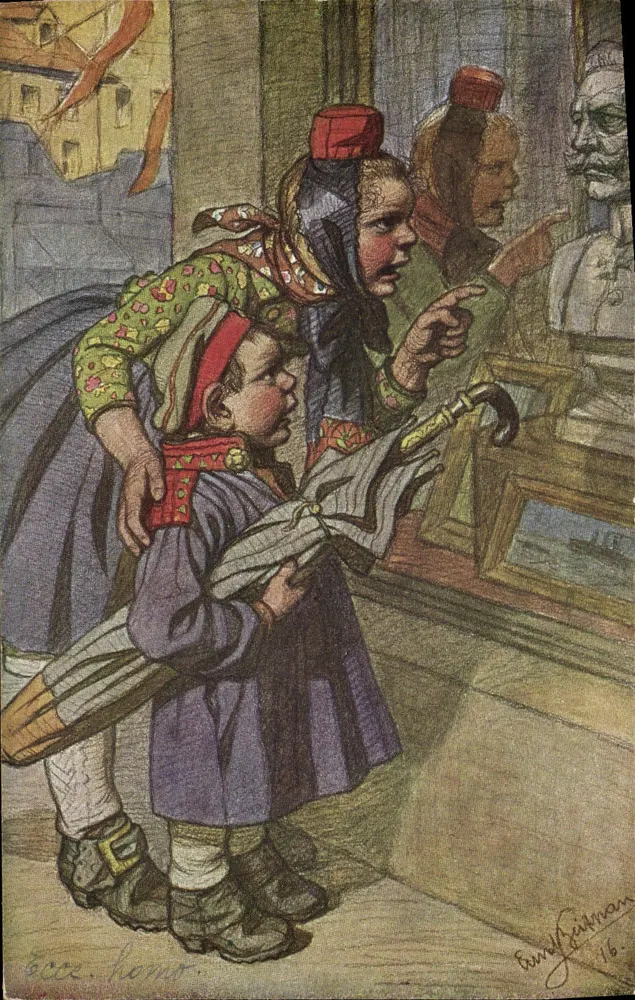 Dwa dzieci w strojach tradycyjnych — muzeum — Rudolf Feitman 16. - Awers
