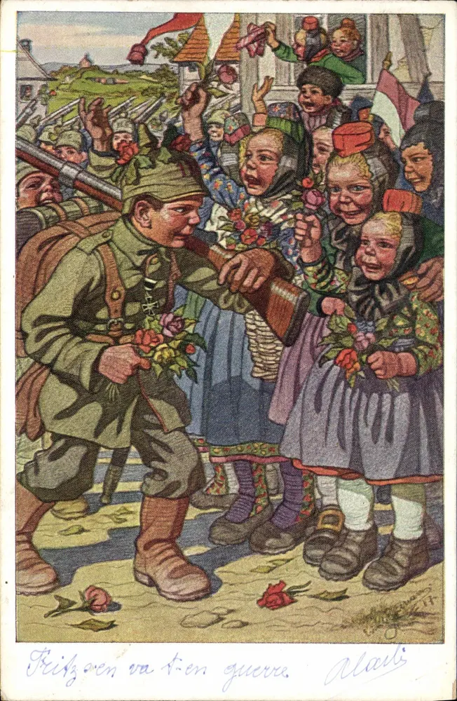 Fritz geht in den Krieg — Abreise-Szene mit Kindern, die Blumen überreichen — Verlag Aladis - Vorderseite