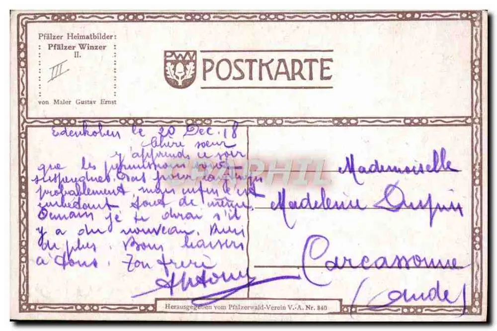 Homem barbudo fumando um cachimbo — Pfläzzer Winzer II — Gustav Ernst - Verso
