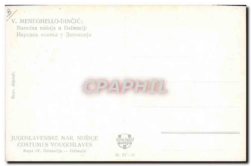 Frau im traditionellen Kleid — Dalmatien — V. Meneghello-Dinčić, Mapa IV-12 - Rückseite