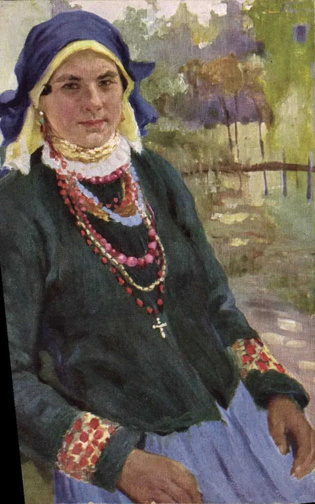 Vrouw in traditioneel kleding — schilderij — uitgever 'Рапа́рь' (Rapar'), n°103 - Voorkant
