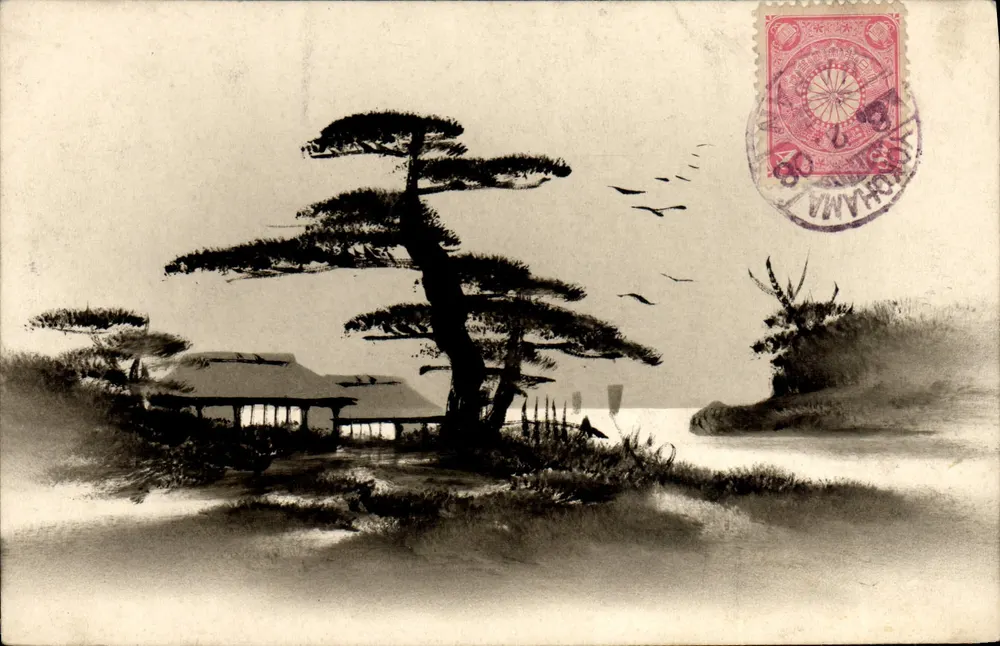 Paisagem japonesa — pinheiro solitário perto de um lago — editor The Akasaka Fine Art Co, número da série não visível - Frente