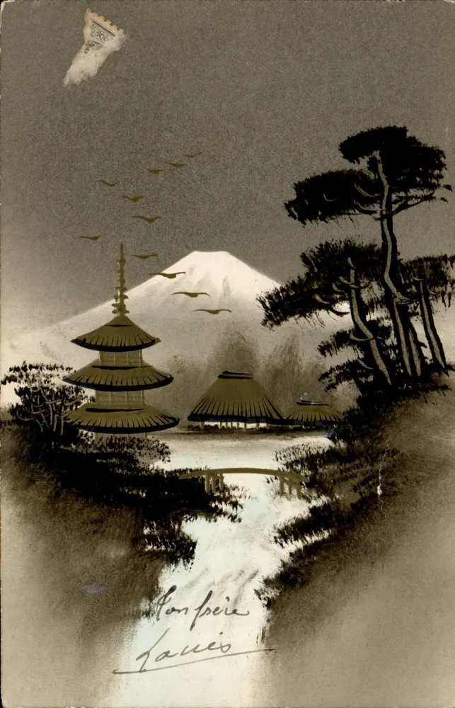 Monte Fuji — paisagem japonesa com pagode e ponte — editor não visível - Frente