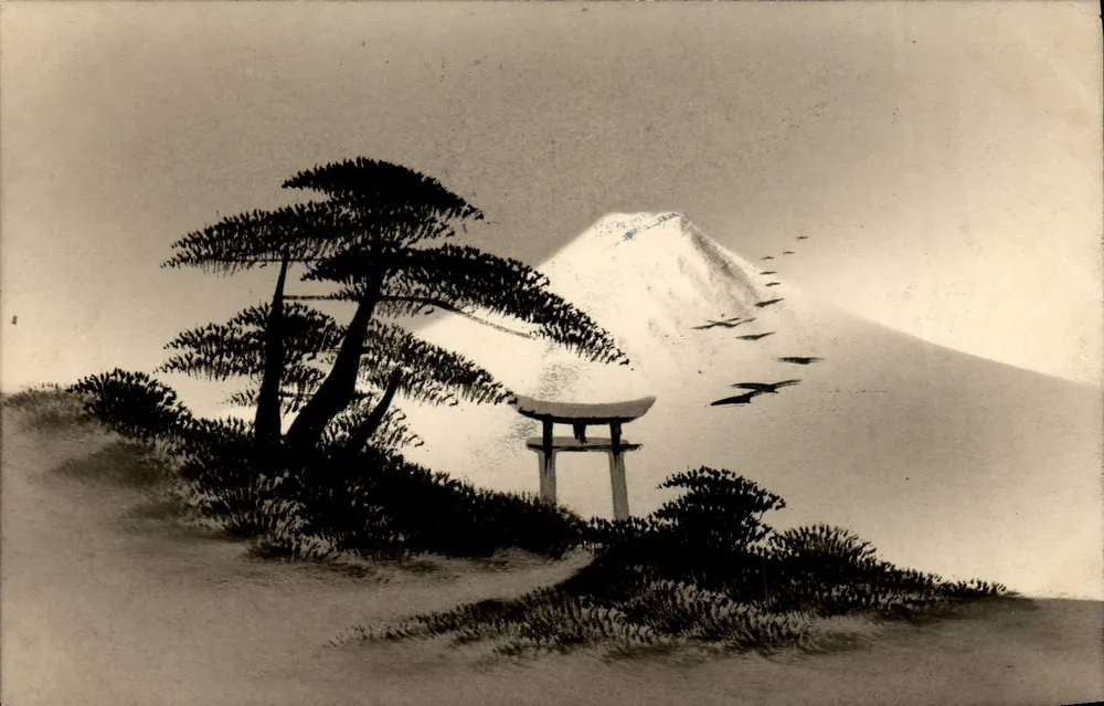 Monte Fuji — torii e pinheiro — Chás do Tonquim, P. Chaffanjon - Frente
