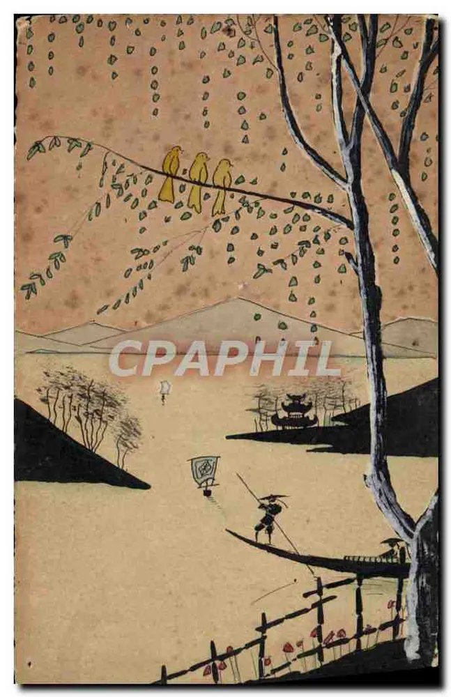Paisagem japonesa — três pássaros amarelos em uma ramo — editor desconhecido - Frente