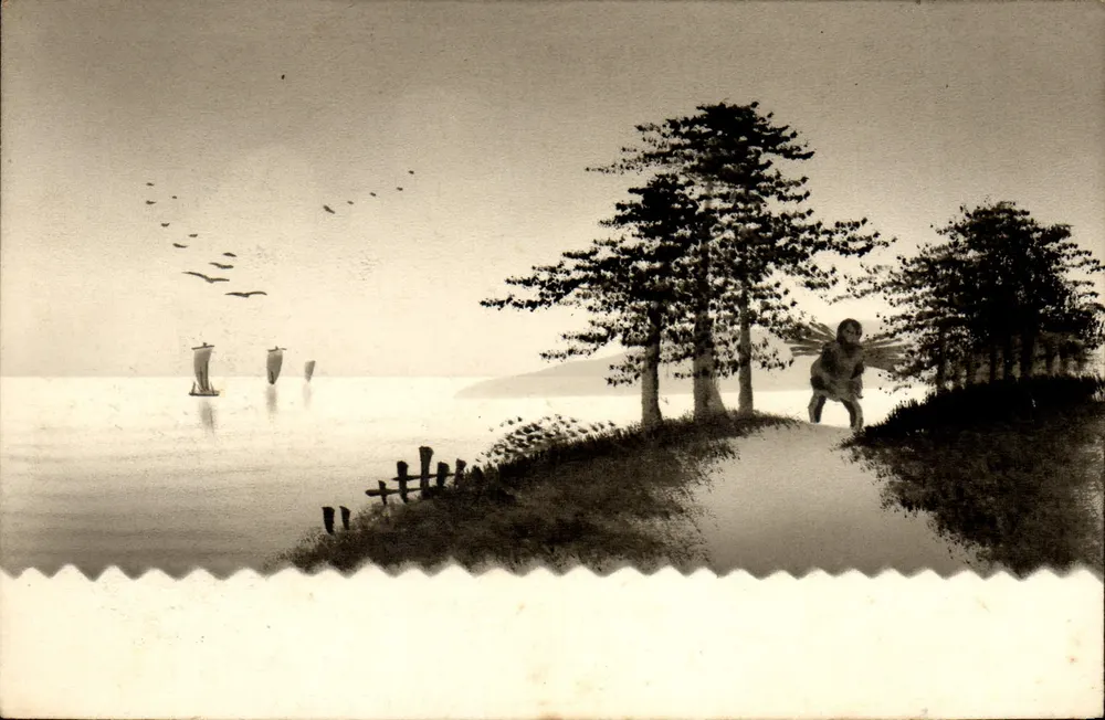 Paisagem marítima com criança — Japão — editor desconhecido, número de série não visível - Frente