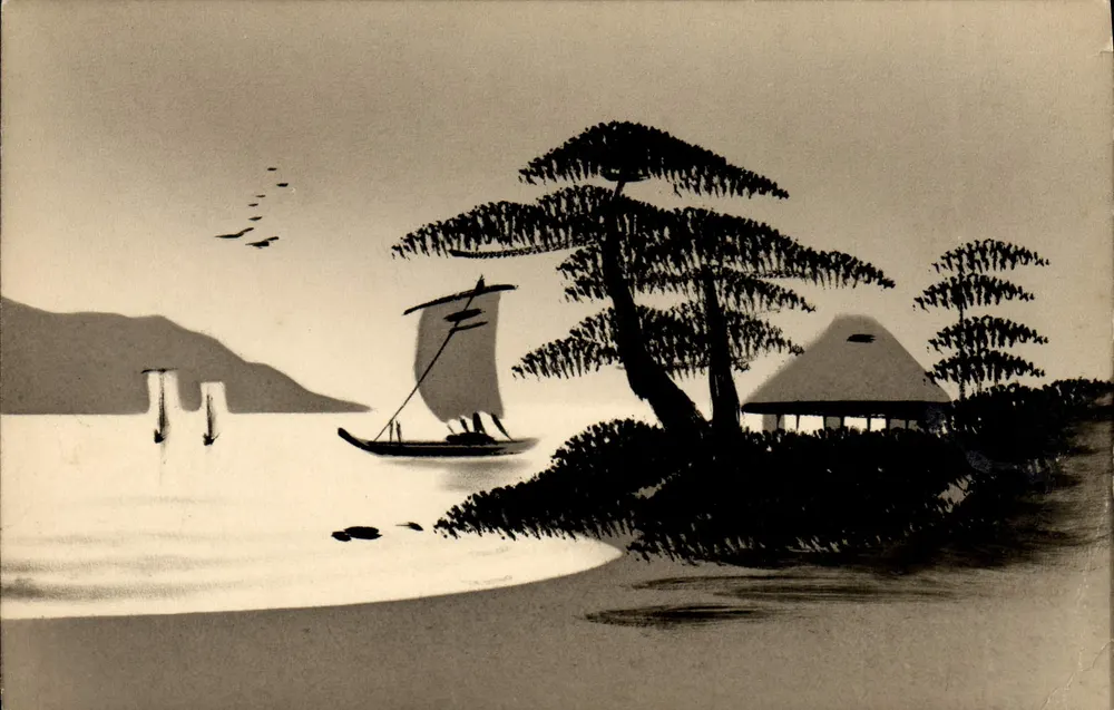 Japanse landschap — zeilboot, spar en hut — uitgever niet zichtbaar - Voorkant