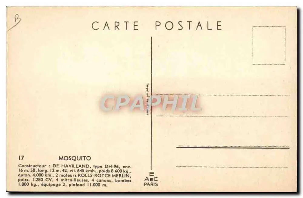 Avião de Caça Mosquito — De Havilland DH-96 — editor AEC Paris, n°17 - Verso