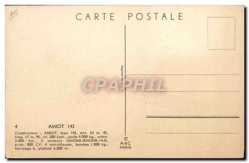 Avião militar AMIOT 143 — desenho do Dr. Couto-many — editor AEC Paris, n°4 - Verso